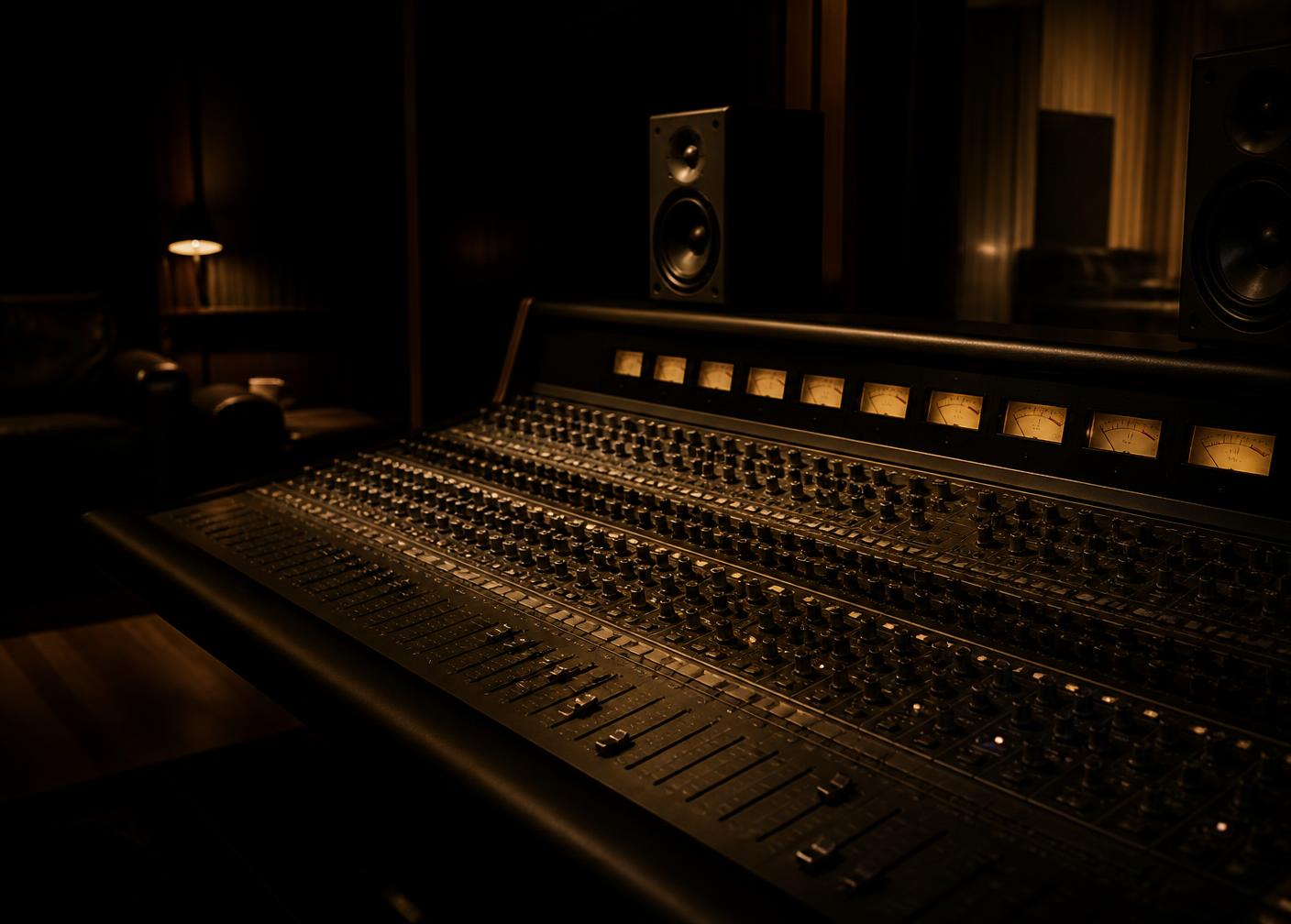 Recording studio mixing desk lit by warm amber light at night